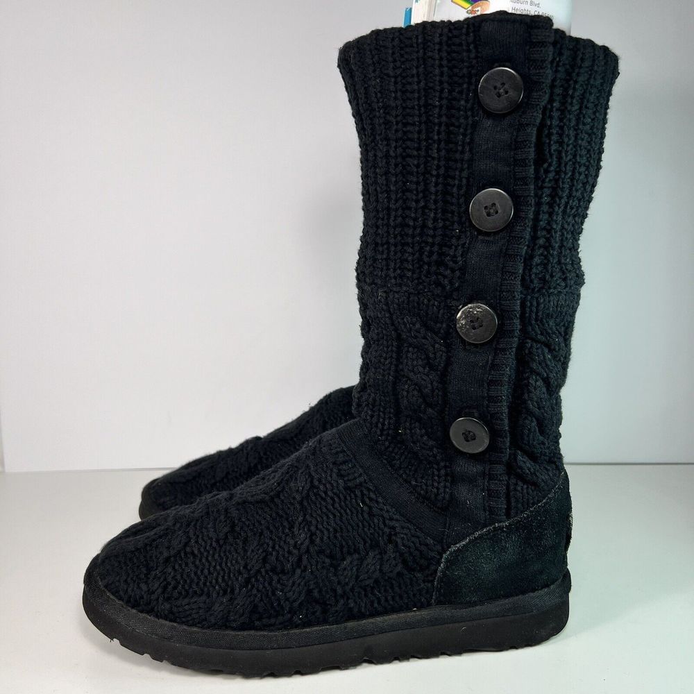 UGG Australia Boots Women's Sz 7 Black Gray Buttons Foldover Cable Knit